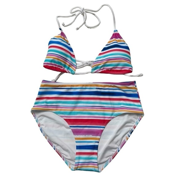 Venus Multi Stripe Rainbow Two-Piece High Waist Triangle Top Bikini, S/M - Picture 1 of 9